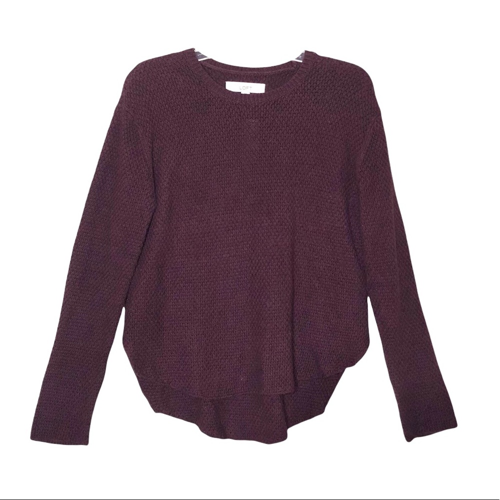 NWT LOFT | Deep Maroon Purple Textured Knit Dolphin Hem Crew Neck Sweater